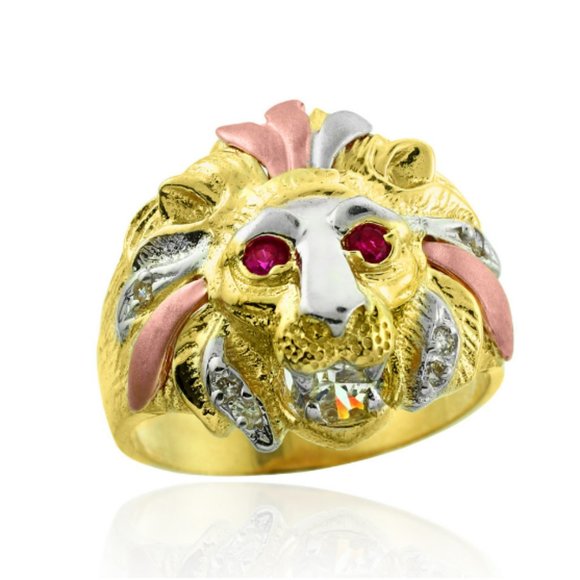 Anillo de Leon Tres Oros para Hombre Solid Gold 14K Tri Color Lion Head Ring #10 - Picture 1 of 9